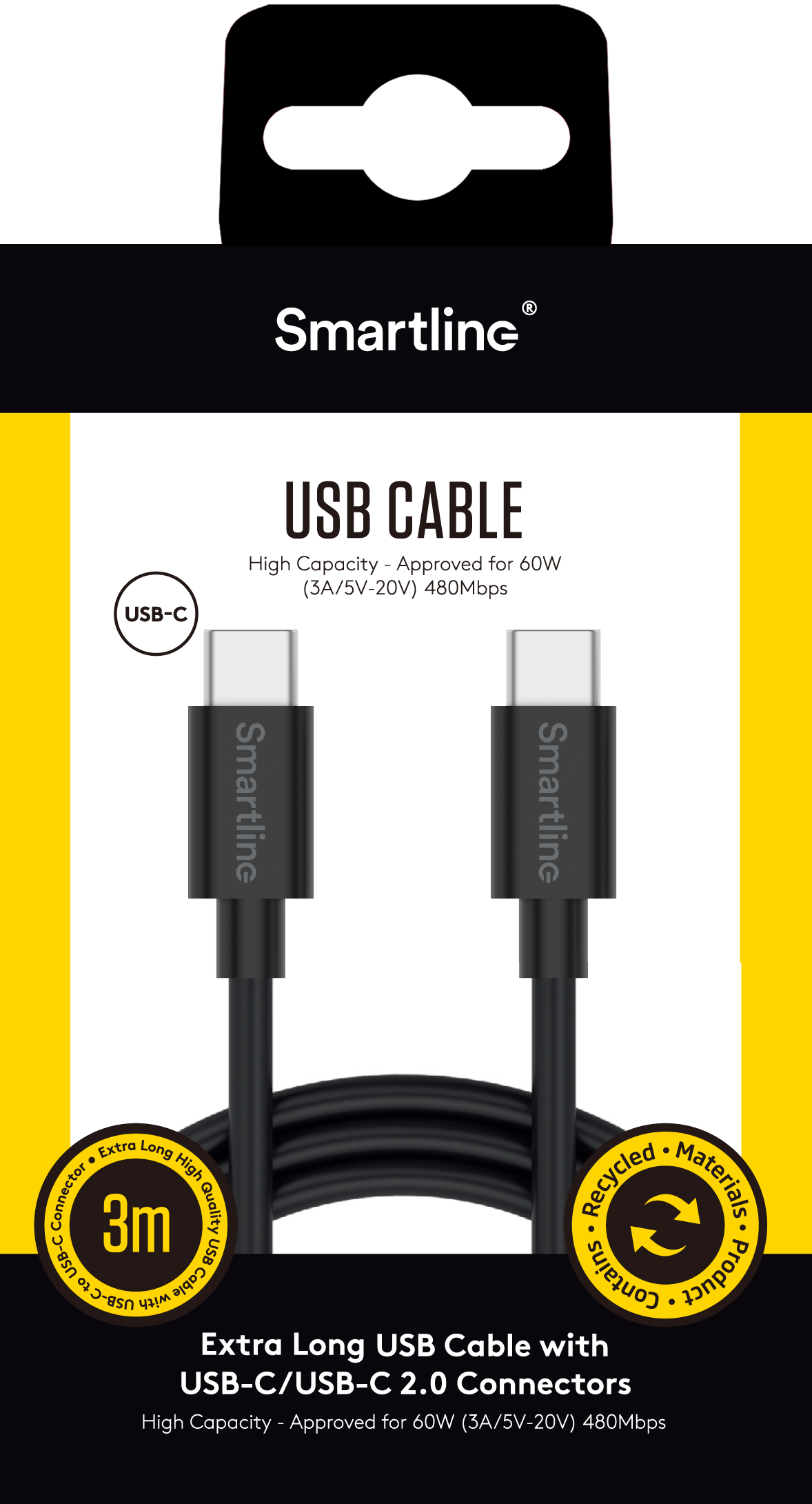 USB Cable USB-C -> USB-C 3m svart