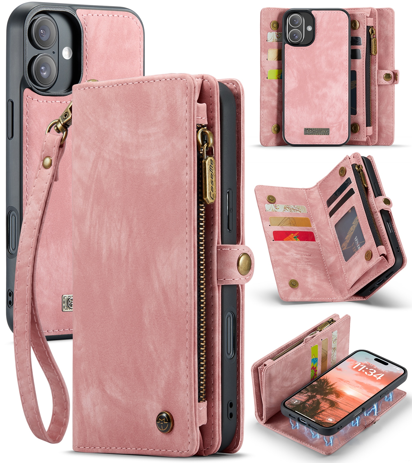 Multi-slot Lommeboksetui iPhone 16 Plus rosa