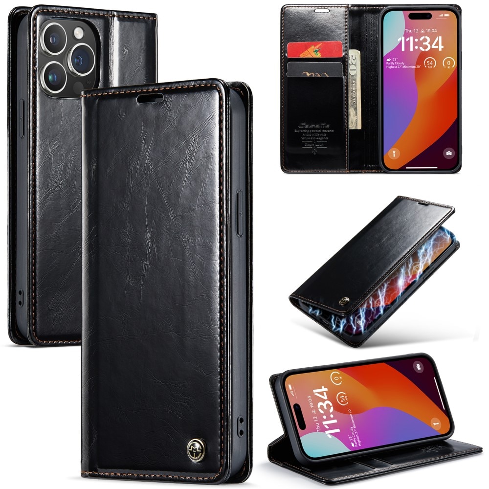 Leather Wallet iPhone 16 Pro svart