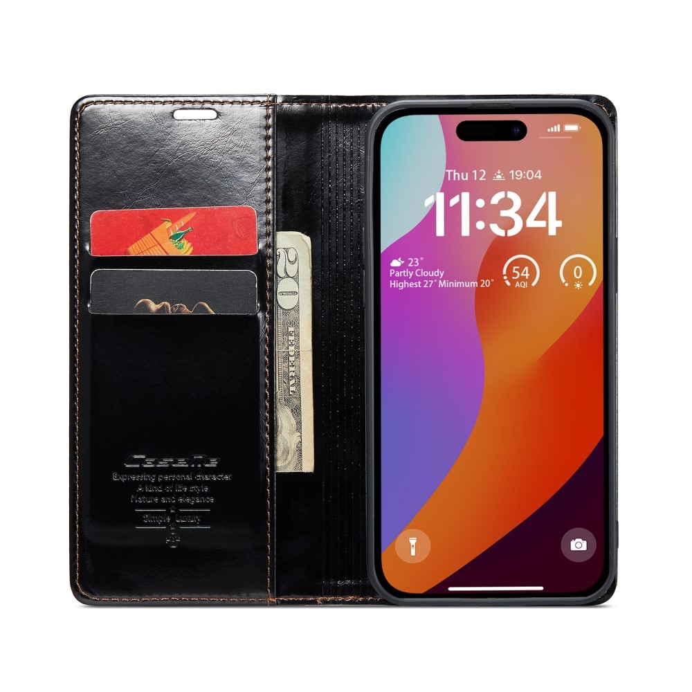 Leather Wallet iPhone 16 Pro svart