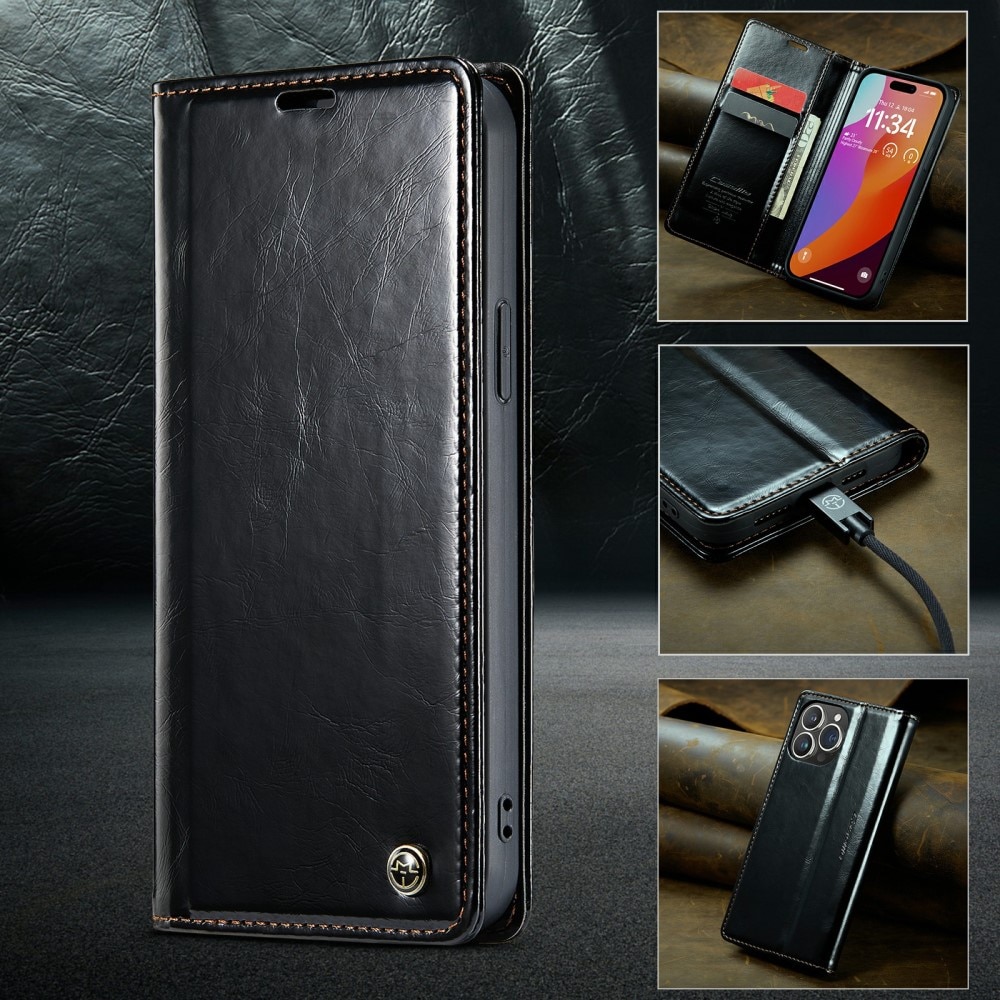 Leather Wallet iPhone 16 Pro svart