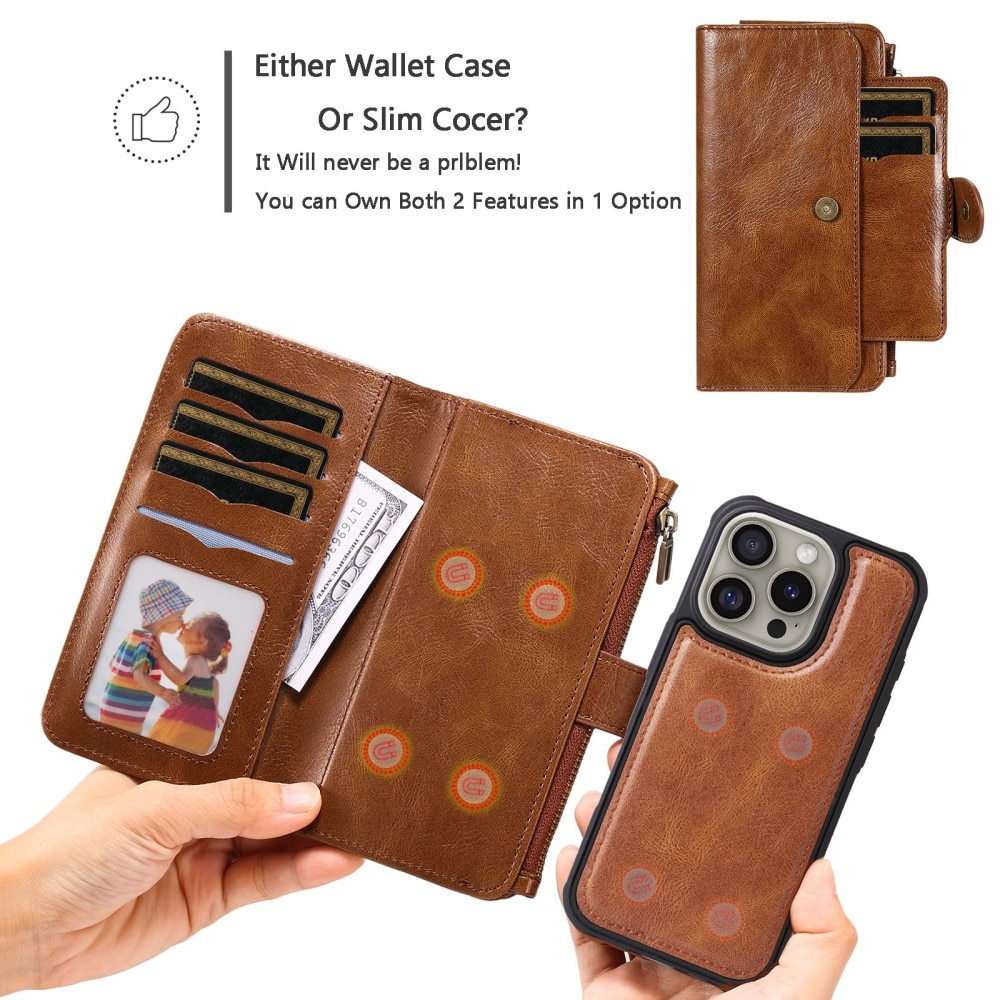 Magnet Leather Multi-Wallet iPhone 16 Pro brun