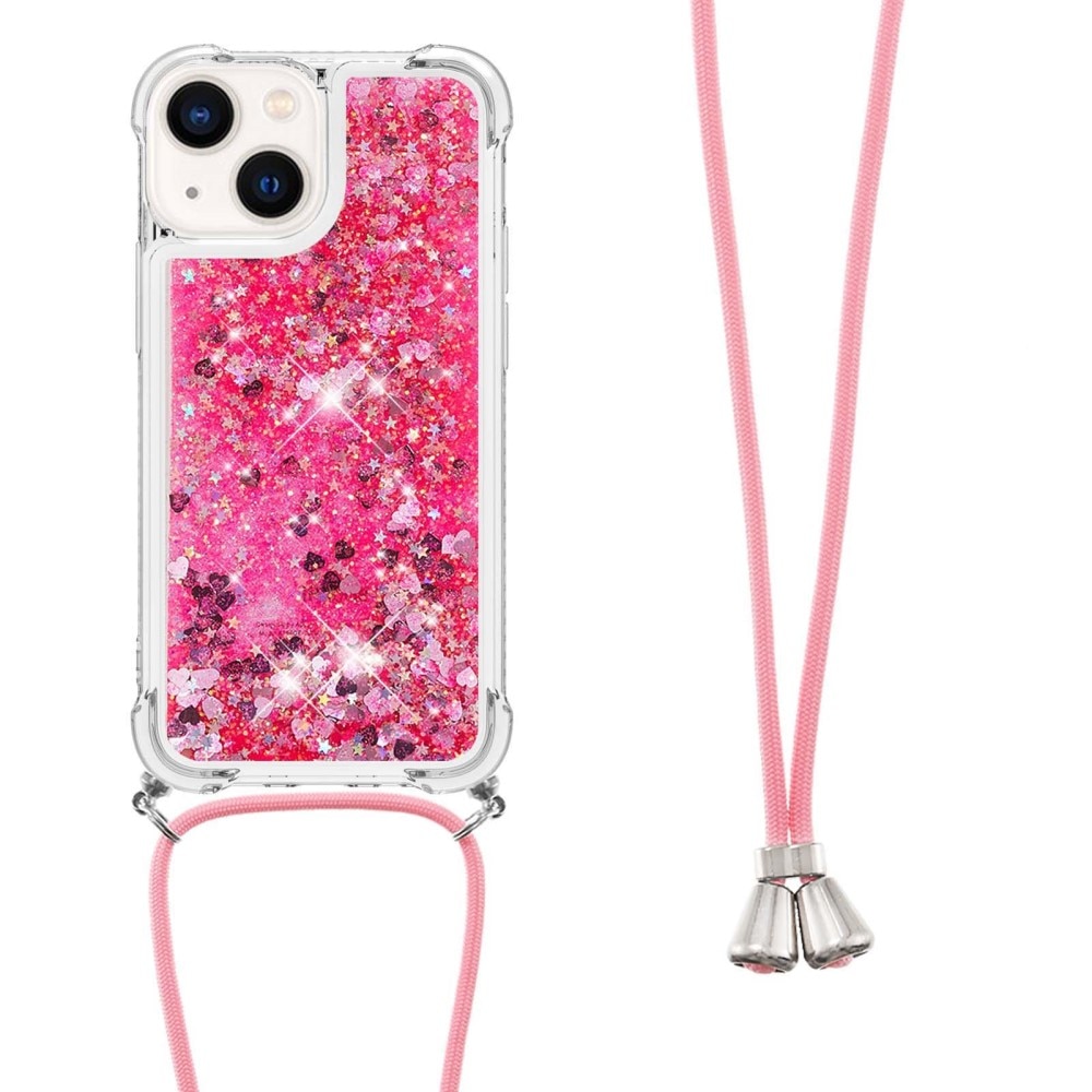 Glitter Powder TPU Deksel Halskjede iPhone 15 rosa