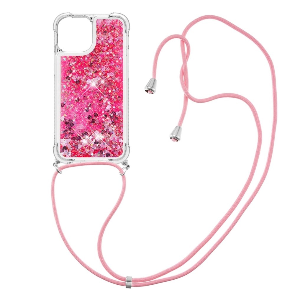 Glitter Powder TPU Deksel Halskjede iPhone 15 rosa