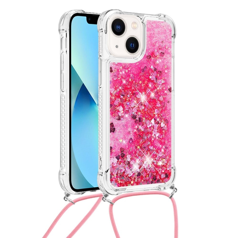 Glitter Powder TPU Deksel Halskjede iPhone 15 rosa