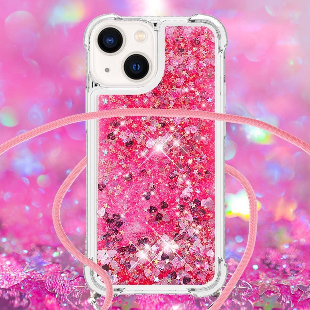 Glitter Powder TPU Deksel Halskjede iPhone 15 rosa