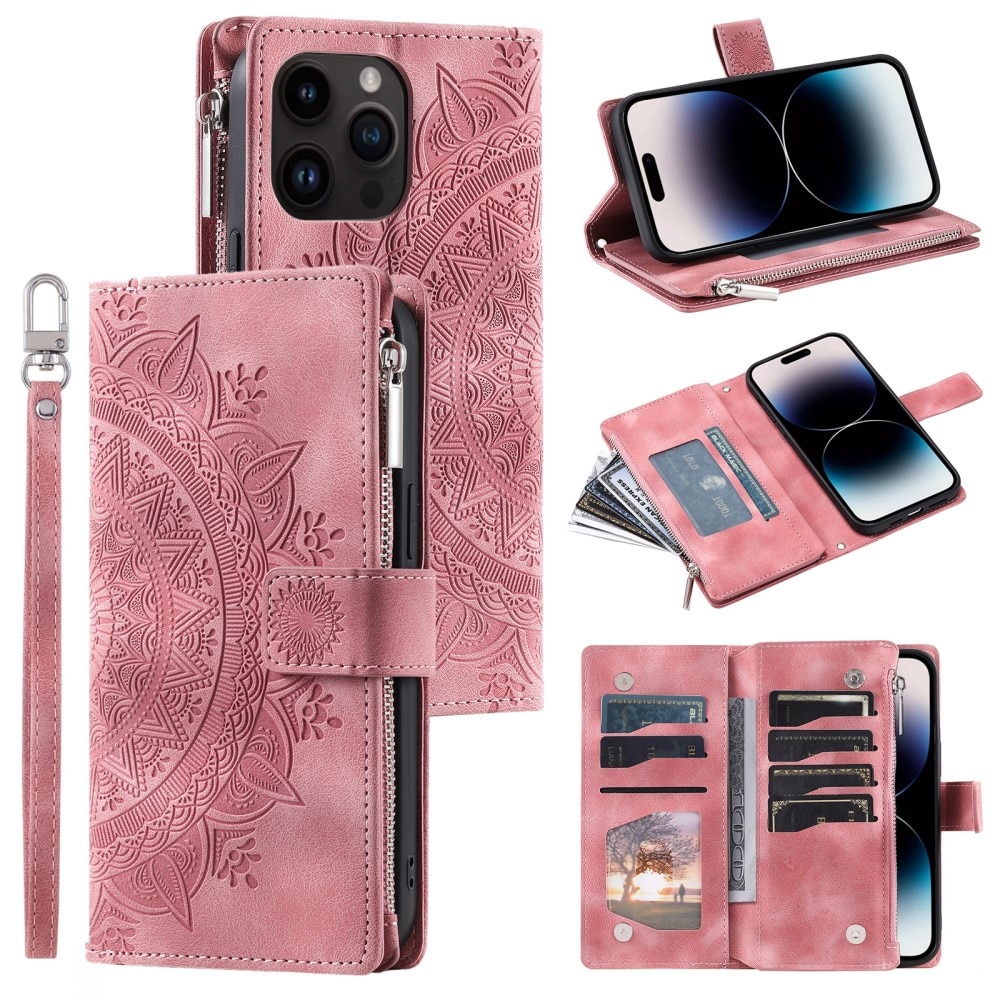 Lommebokveske iPhone 15 Pro Mandala rosa