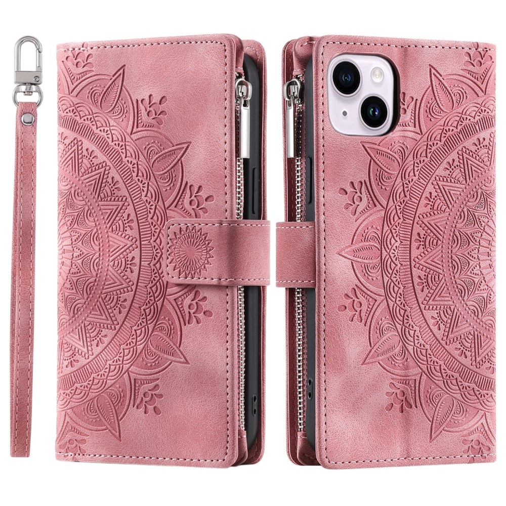 Lommebokveske iPhone 15 Mandala rosa