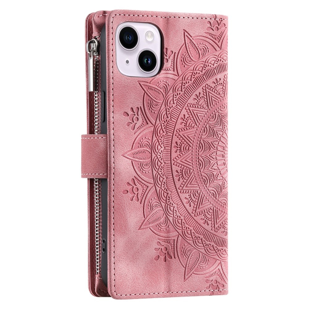 Lommebokveske iPhone 15 Mandala rosa