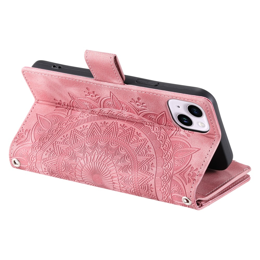 Lommebokveske iPhone 15 Mandala rosa