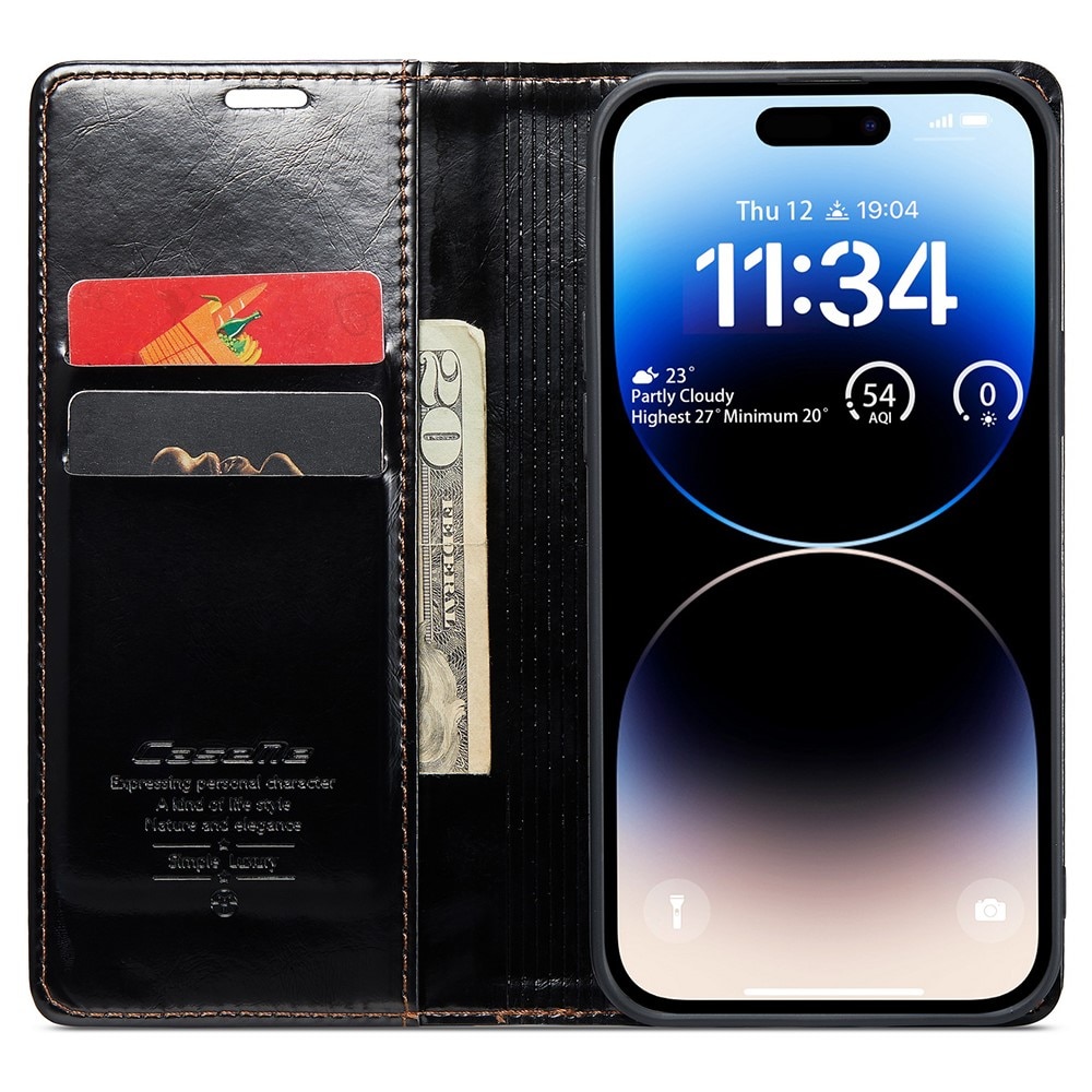 Leather Wallet iPhone 15 Pro svart