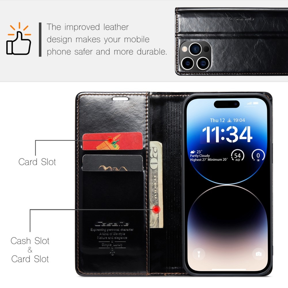 Leather Wallet iPhone 15 Pro svart