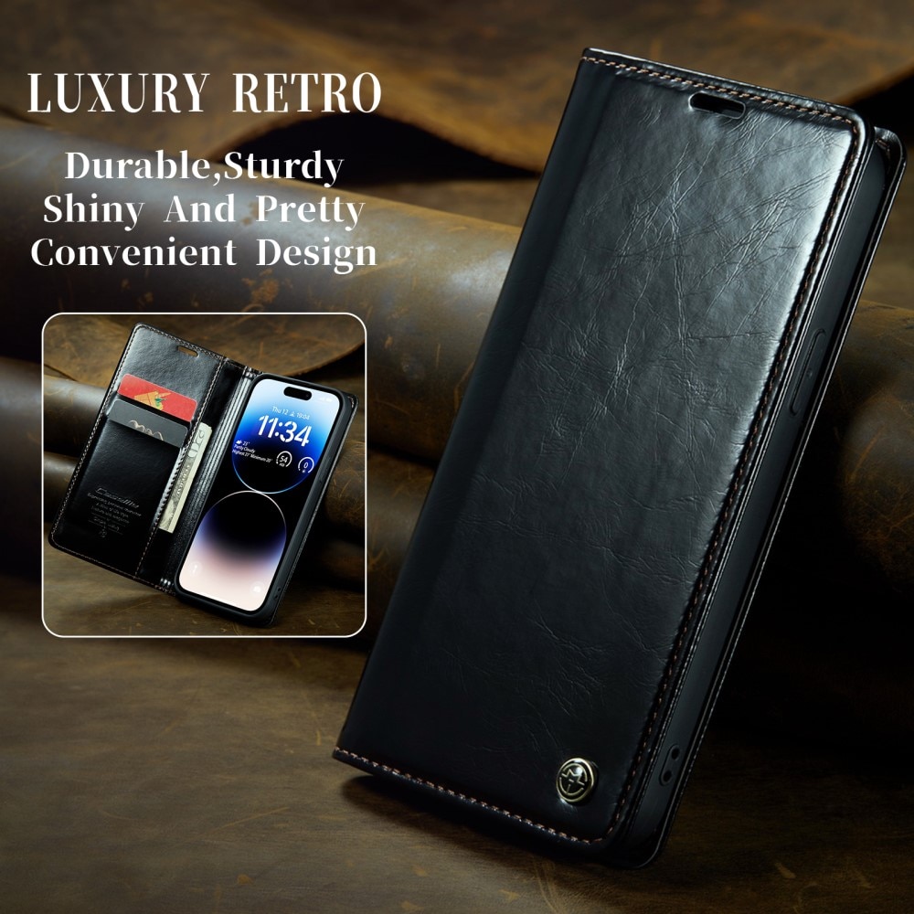 Leather Wallet iPhone 15 Pro svart