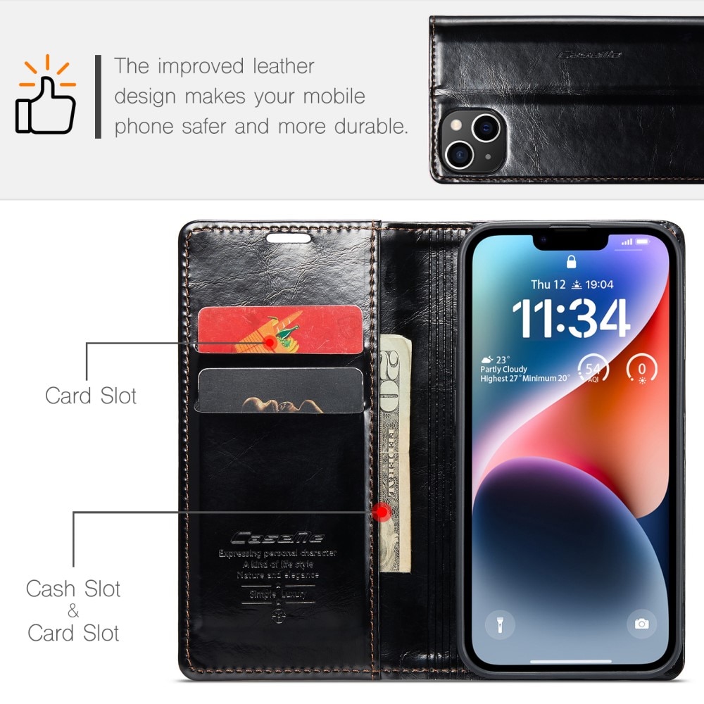 Leather Wallet iPhone 15 svart