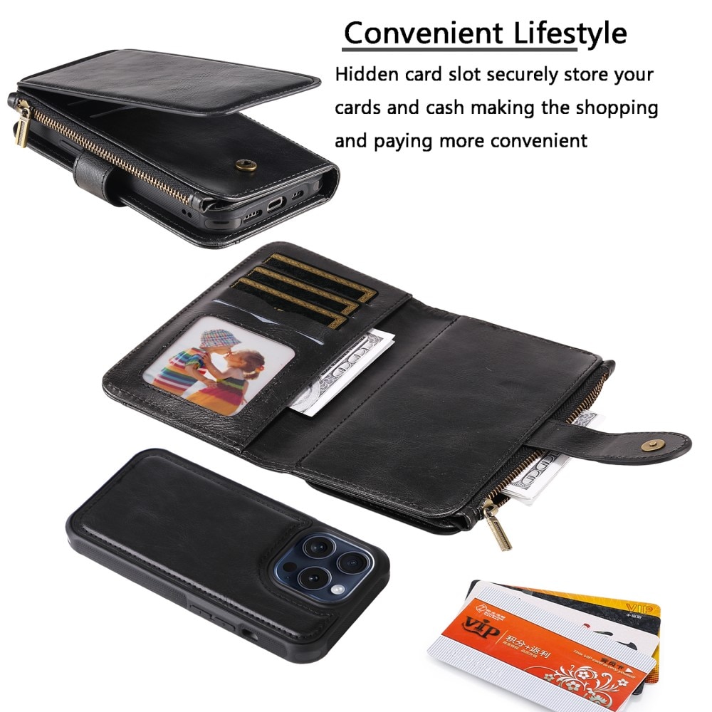 Magnet Leather Multi-Wallet iPhone 15 Pro svart