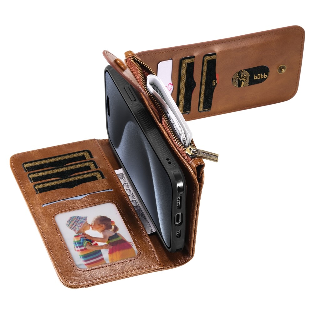 Magnet Leather Multi-Wallet iPhone 15 Pro brun