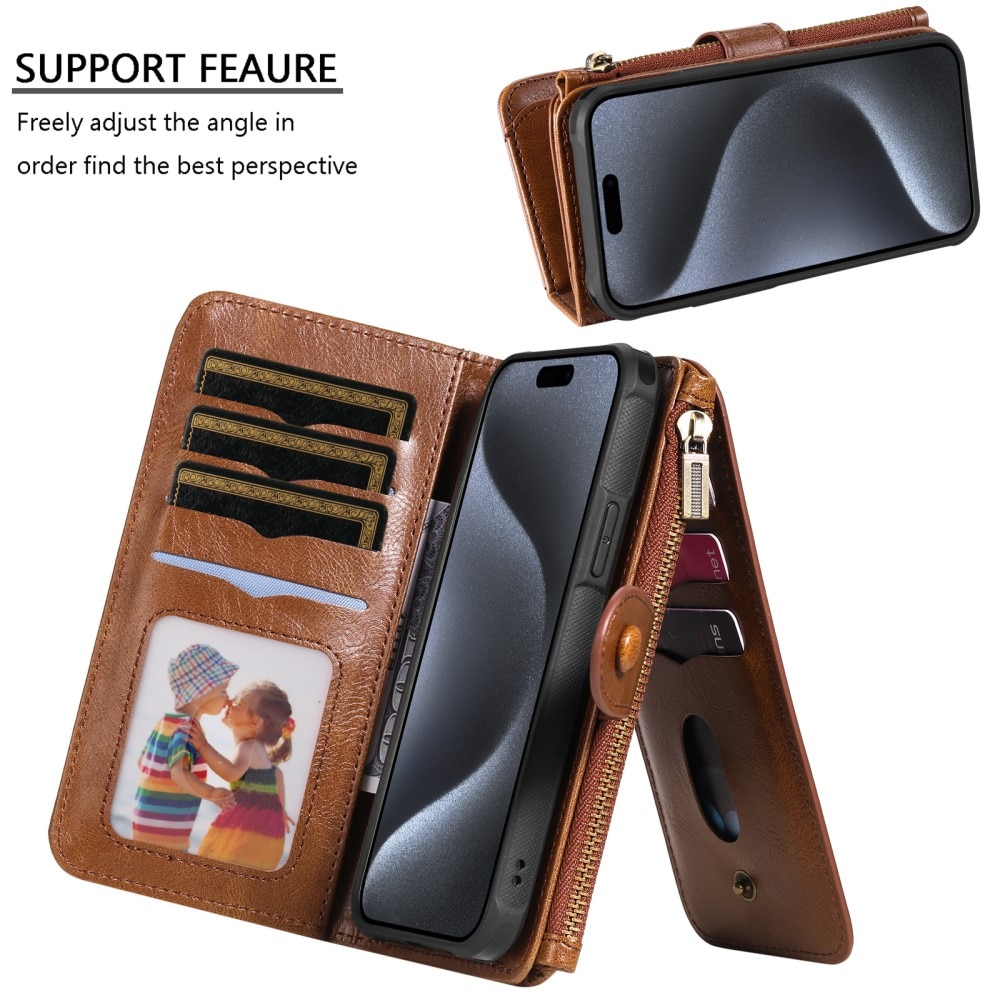 Magnet Leather Multi-Wallet iPhone 15 Pro brun