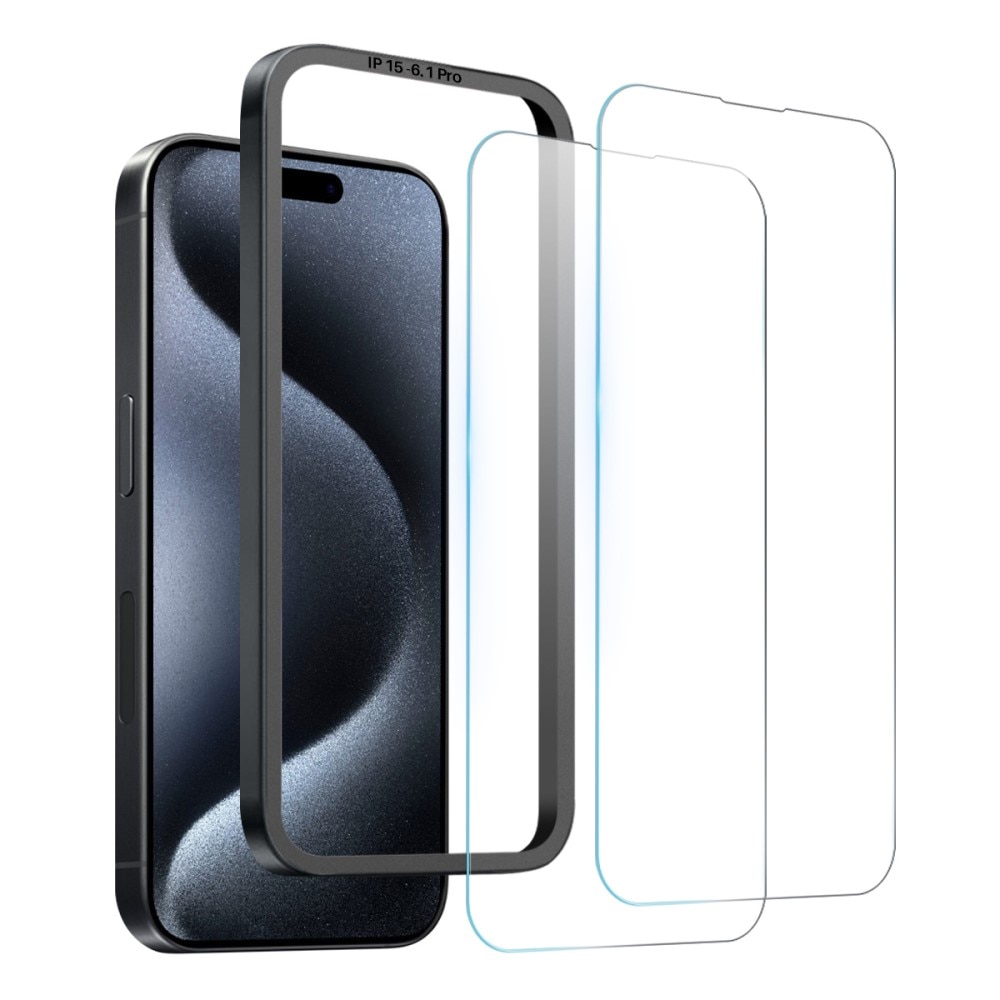 Herdet Glass Skjermbeskytter monteringsramme iPhone 15 Pro (2-pack)