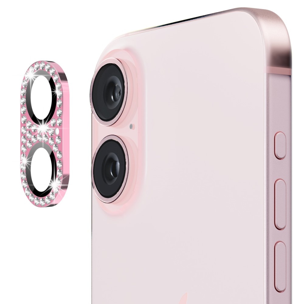 Glitter Kamerabeskyttelse Aluminium+Herdet Glass iPhone 16 Plus rosa