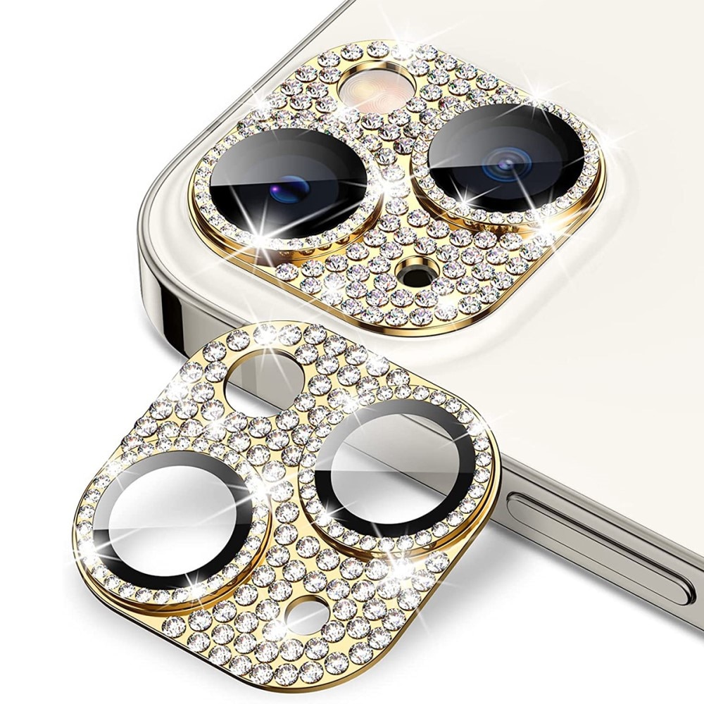 Glitter Kamerabeskyttelse Aluminium+Herdet Glass iPhone 15 gull