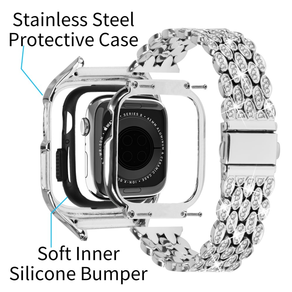 Apple Watch 41mm Series 7 Deksel + Rhinestone Metal Reim sølv