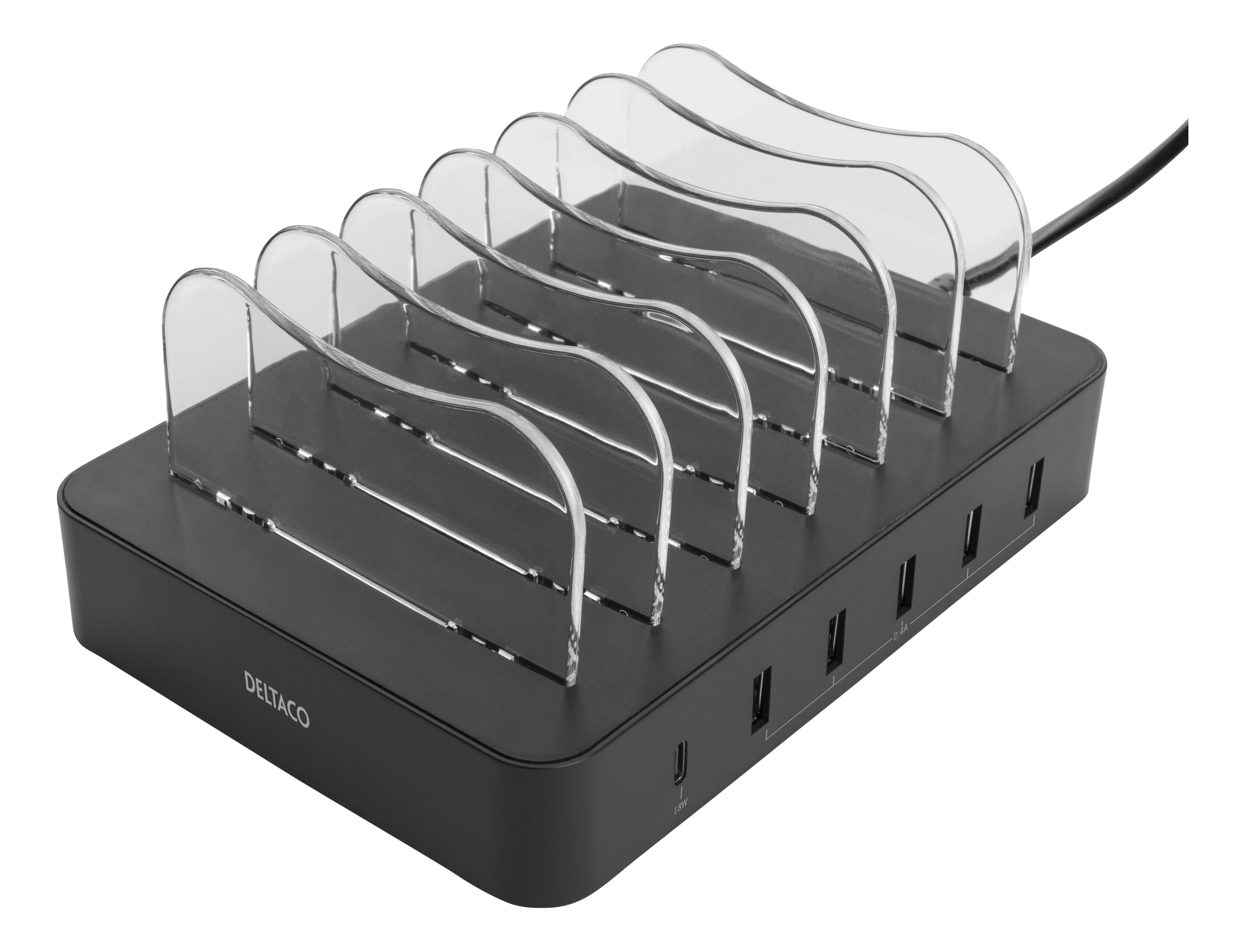 Ladestasjon for 6 enheter, 5x USB-A, 1x USB-C 50W svart