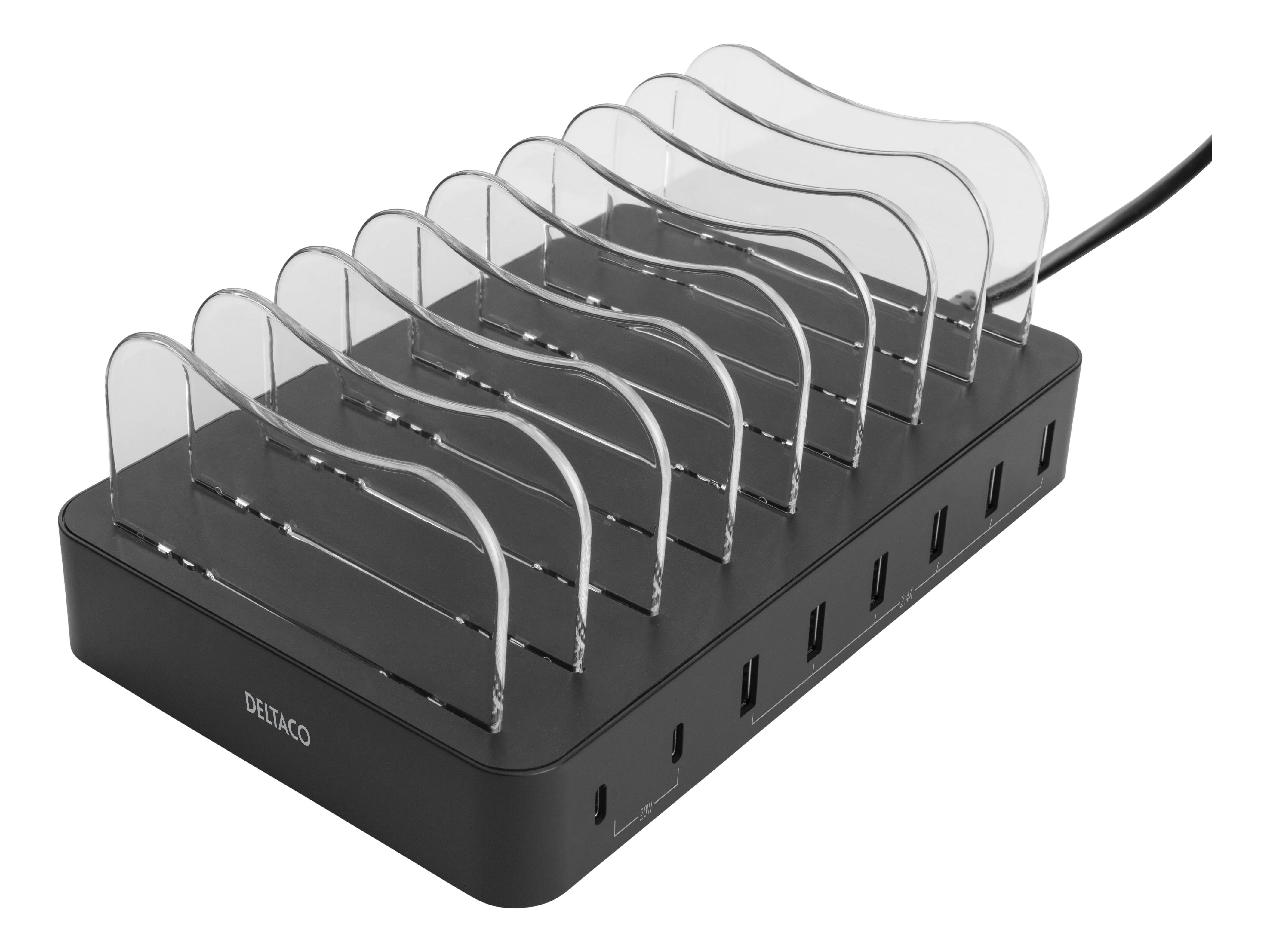 Ladestasjon for 8 enheter, 6x USB-A, 2x  USB-C 75W svart