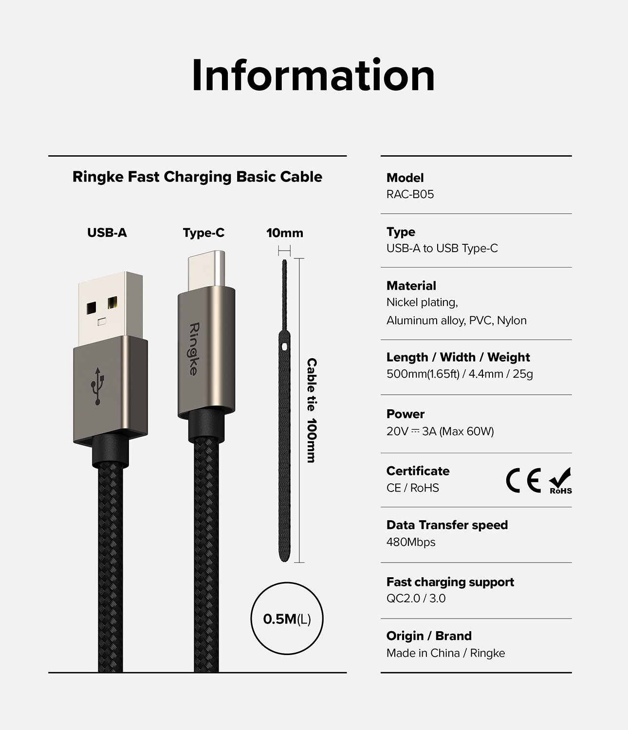 Fast Charging Basic Kabel USB-A -> USB-C 0,5m svart