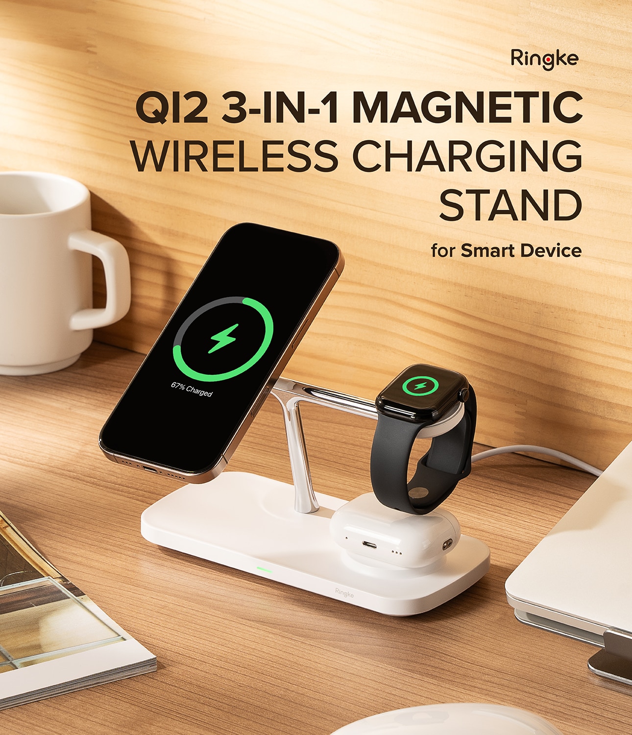 3-in-1 Wireless Charger Stand Qi2 MagSafe hvit