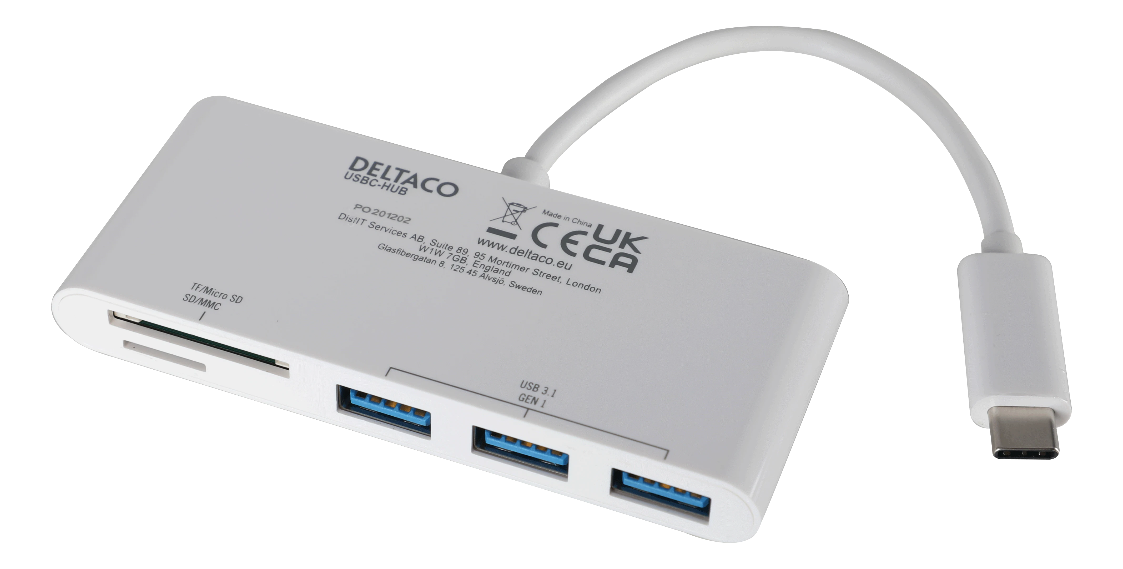 USB-C Hub 3x USB-A + SD/microSD hvit